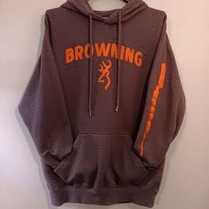 Browning Mens Hoodie Brown Orange‎ Deer Logo Rifle Sleeve Graphic Med.Pullover